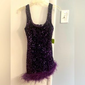 Bella & Bloom Brand New Eggplant Sequin Asymmetrical Feather Dress